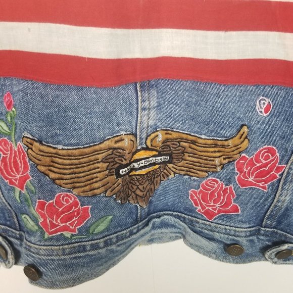 VTG 80's Womens Denim Jean Jacket Harley Davidson Patch Floral American Flag - Picture 10 of 10